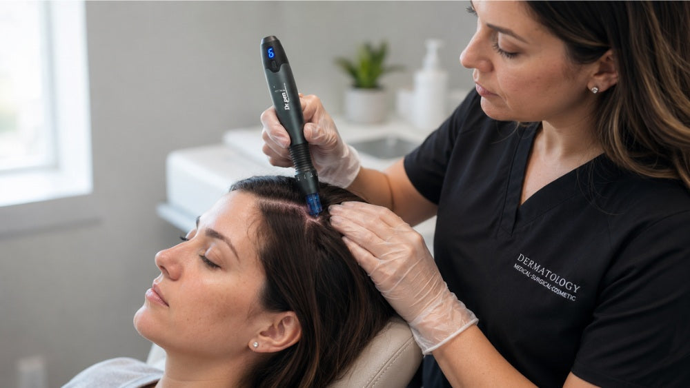 Scalp microneedling treatment performed in-clinic to support hair restoration for thinning hair, with Dr. Pen microneedling pen A20.