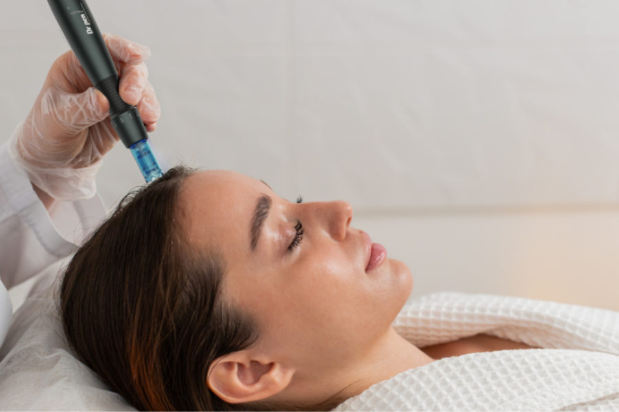 Microneedling treatment for hair loss on a women