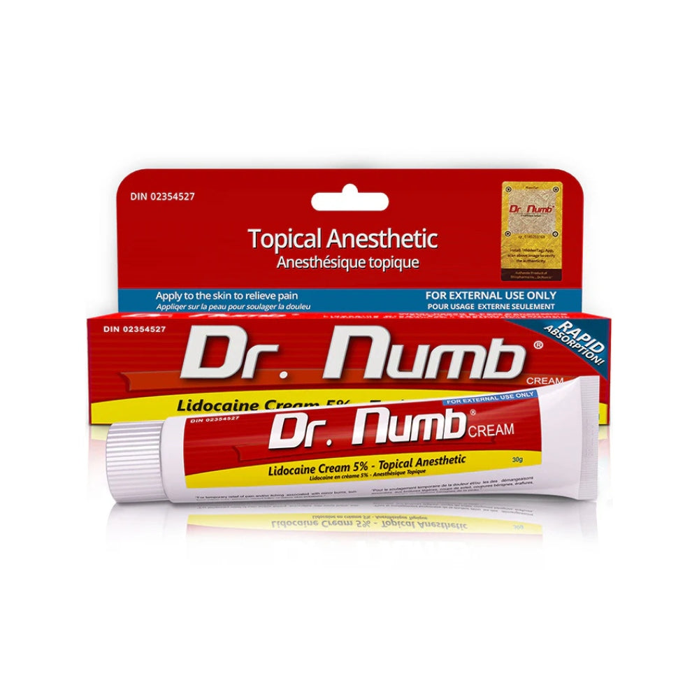 Dr. Numb® 5% Lidocaine Numbing Cream 30g tube and packaging on a white background