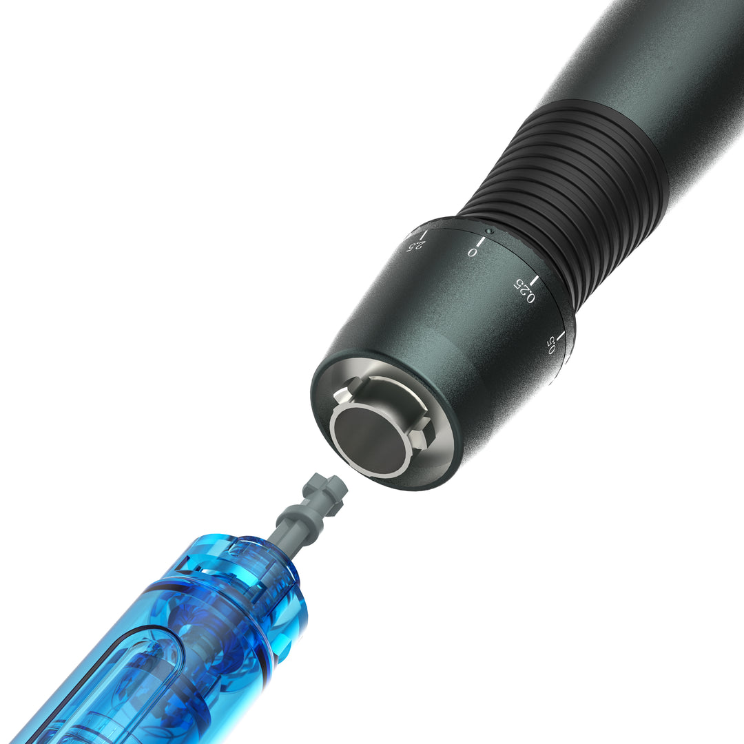 Close-up on tip of Dr. Pen A20 Advanced Microneedling Pen and its cartridge