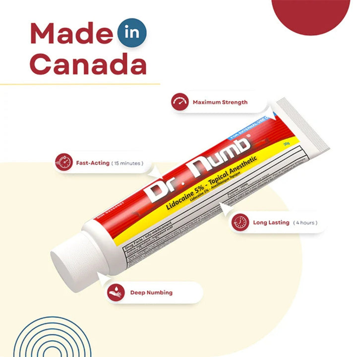 Tube of Dr. Numb Numbing Cream  with 'Made in Canada' text on a beige background