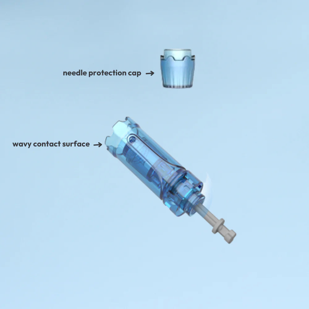 Image of 14 Pin Cartridges with labeled parts on a light blue background, one for needle protection cap, one is the wavy contact surface
