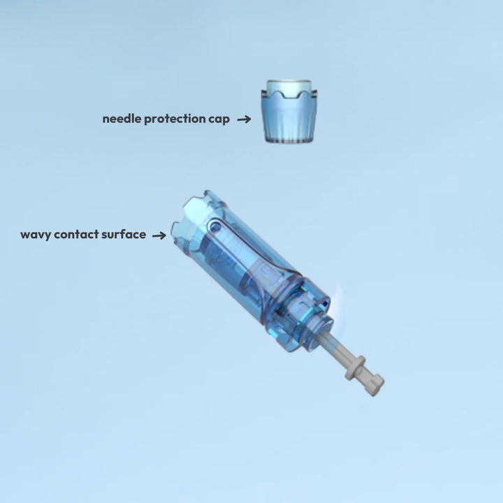 Image of 14 Pin Cartridges with labeled parts on a light blue background, one for needle protection cap, one is the wavy contact surface