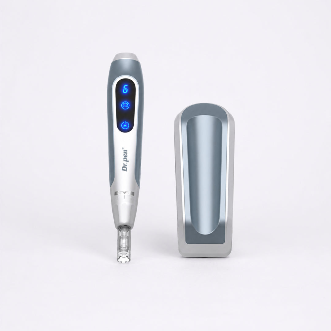 Dr. Pen MC9 Ultima PRO Microneedling Pen device with digital display switched on and charging base on a white background