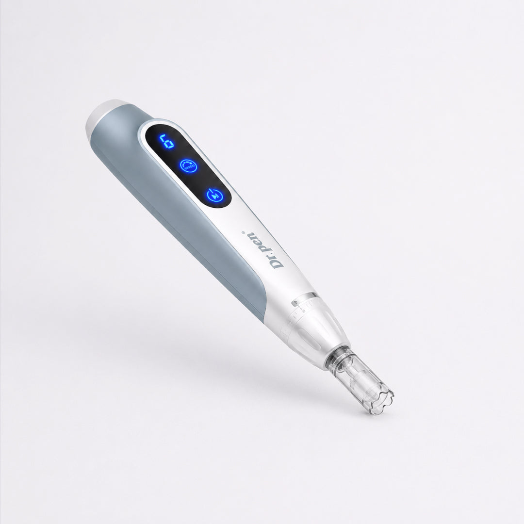 Dr. Pen MC9 Ultima PRO microneedling pen on  charging stand with illuminated LED controls 
