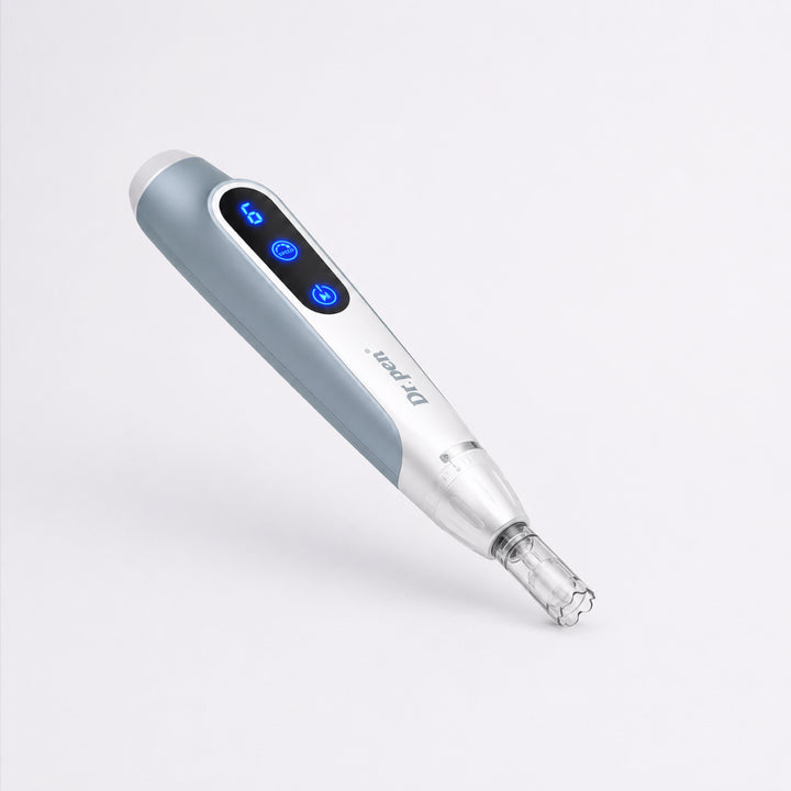 Dr. Pen MC9 Ultima PRO microneedling pen on  charging stand with illuminated LED controls 