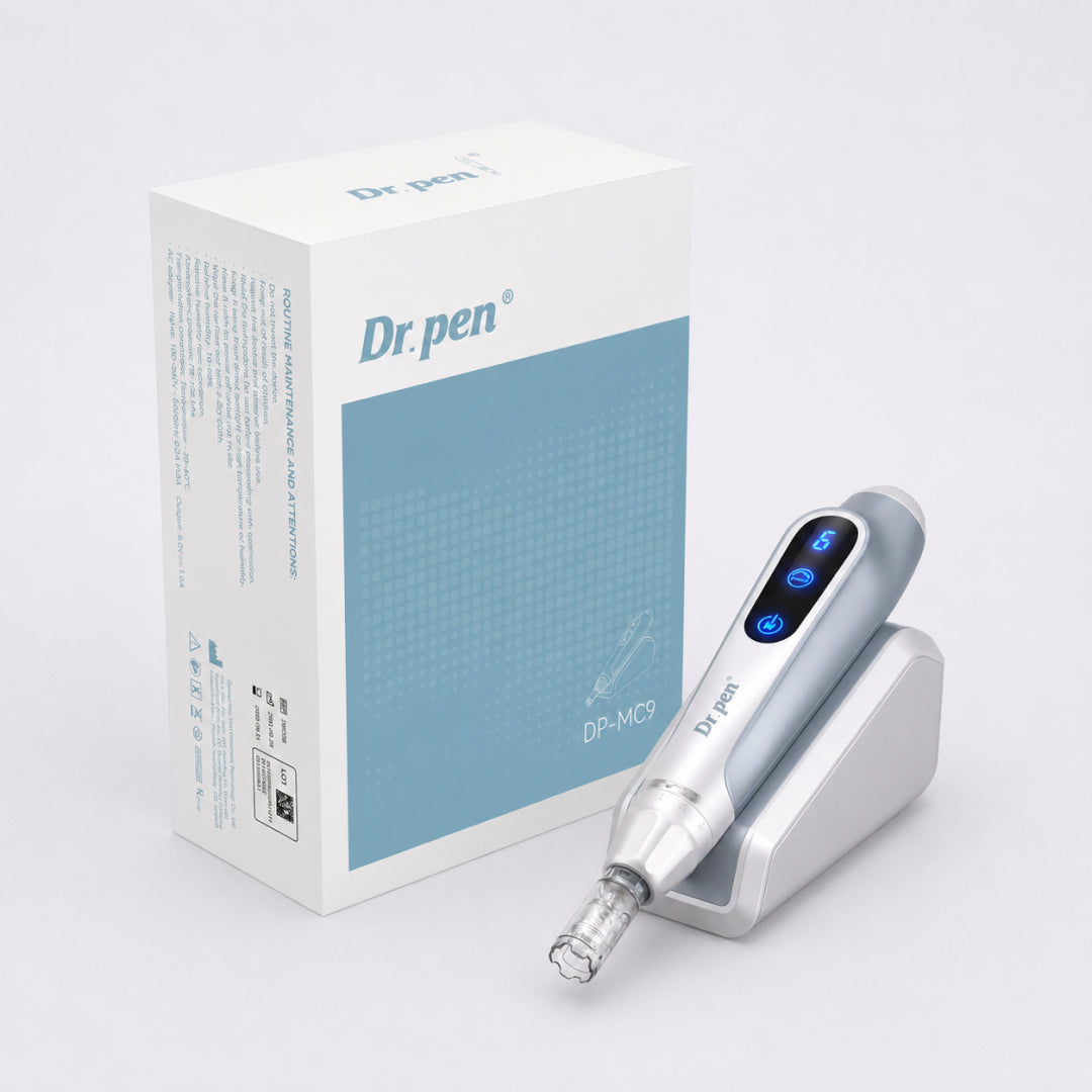 Dr. Pen MC9 Ultima PRO Microneedling Pen device on charging base, with packaging on a white background