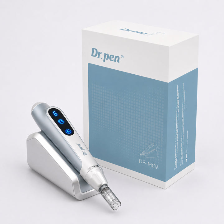 Dr. Pen MC9 Ultima PRO Microneedling Pen device on charging base, with packaging on a white background