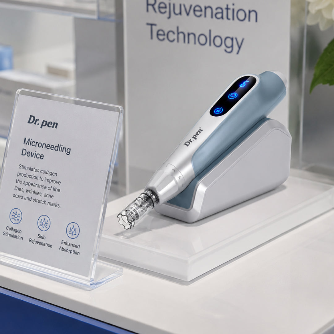 Dr. Pen MC9 Ultima PRO microneedling pen on induction charging stand with illuminated LED controls in a professional skincare clinic display.