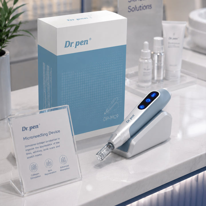Dr. Pen MC9 Ultima PRO microneedling device displayed with induction charging stand, product packaging, and skincare products in a professional clinic setting.