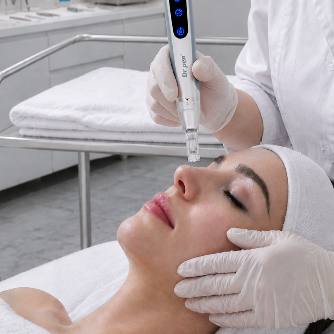 Close-up of a professional microneedling facial treatment using the Dr. Pen MC9 Ultima PRO device on a women’s cheek in a skincare clinic.