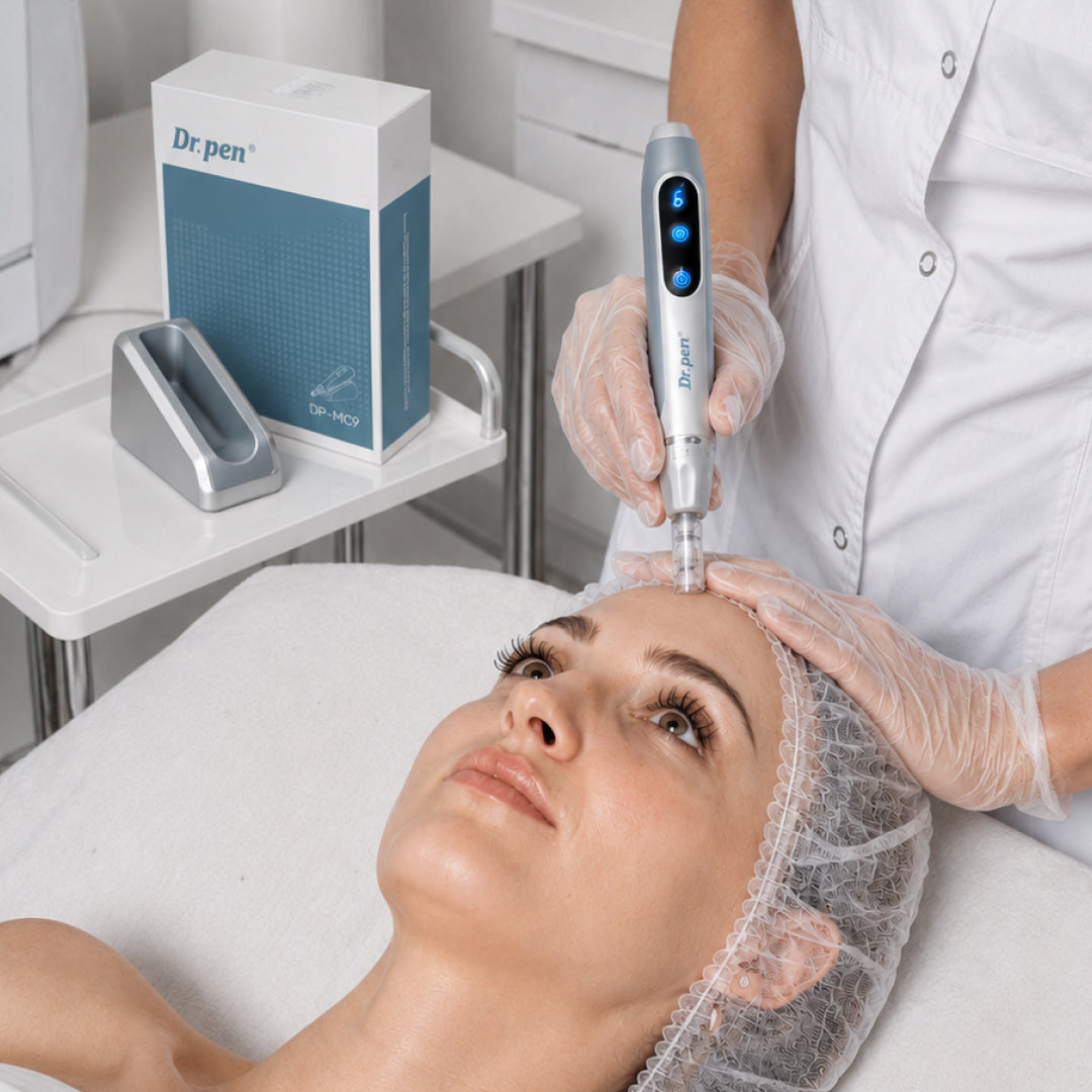 Beauty professional performing a facial microneedling treatment using the Dr. Pen MC9 Ultima PRO device on a client in a clinical skincare setting.
