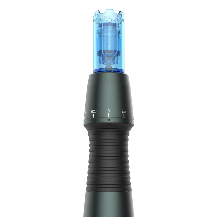 Close-up on the tip of Dr. Pen A20 Advanced Microneedling Pen  with its cartridge attached